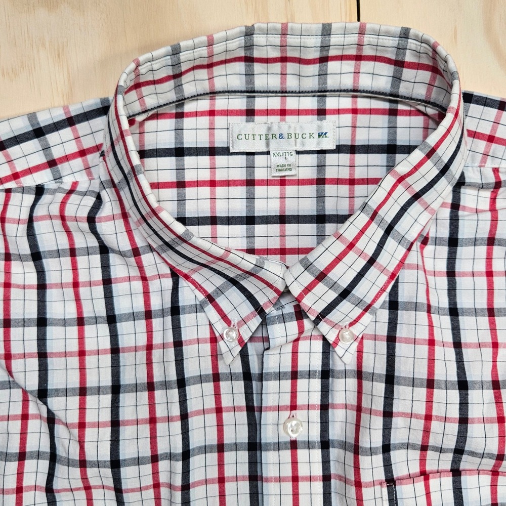 Cutter & Buck Mens XXL Long Sleeve Plaid Button Down Shirt Red White Black Cottn